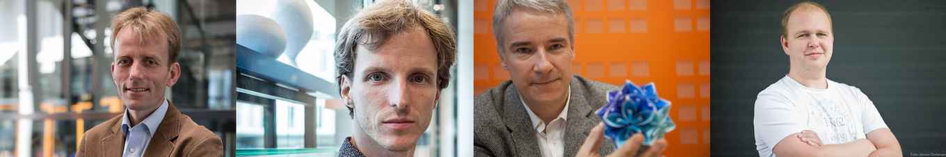 L-R: Prof. dr. Jasper Stokman (Lie theory). Photo: Dirk Gillissen. Prof. dr. Lenny Taelman (Algebraic Geometry). Photo: Dirk Gillissen.Prof. dr. Eric Opdam (Representation theory). Photo: Bob Bronshoff. Prof. dr. Sergey Shadrin (Geometry and Mathematical Physics). Photo: Jeroen Oerlemans.